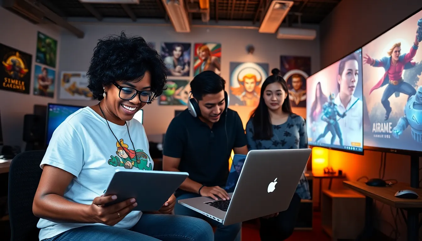 a diverse game development team brainstorming in a modern studio.