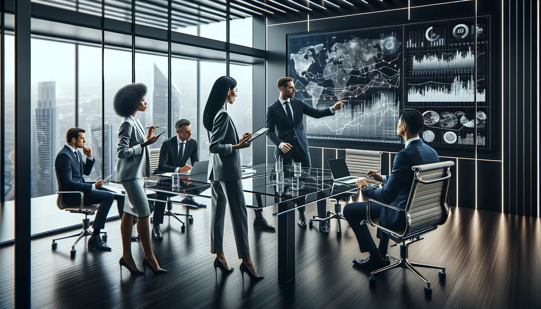 diverse team strategizing in a modern office during market upheaval.