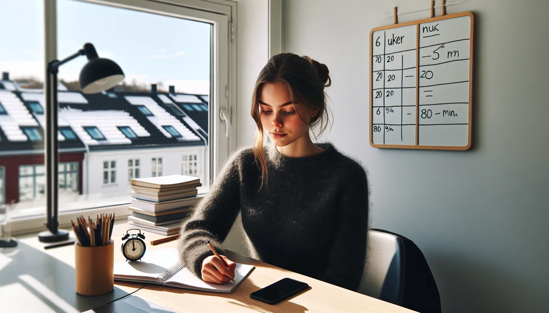 Norwegian student planning measurable study goals with timer, metrics, and spaced practice.