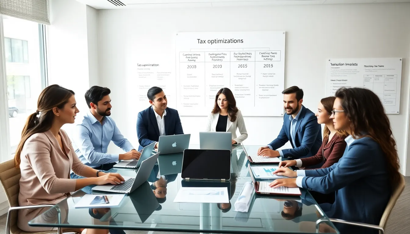 diverse finance team discussing tax planning strategies in a modern office.