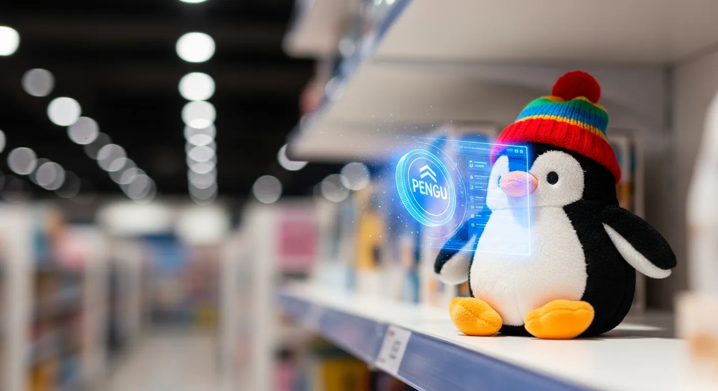 A Pudgy Penguin plush toy on a store shelf with a glowing digital holographic overlay.