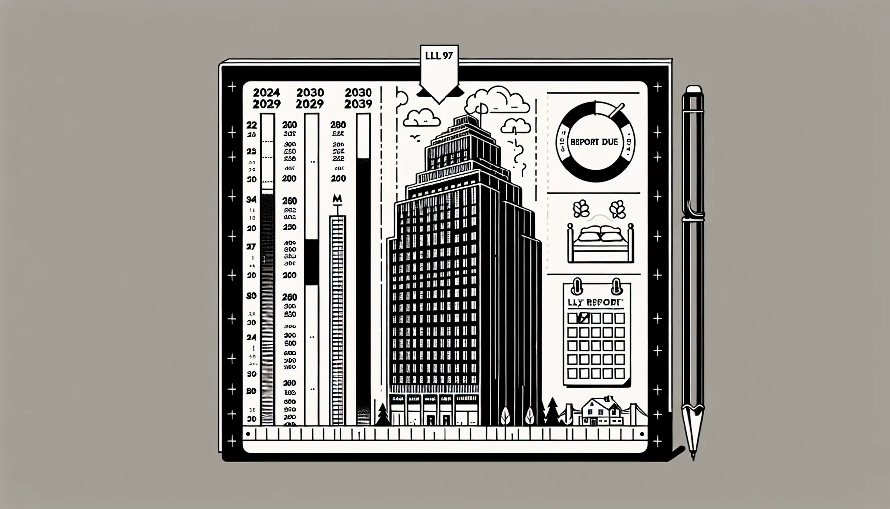 Line art of a NYC building with LL97 emissions timeline and May 1 report deadline.