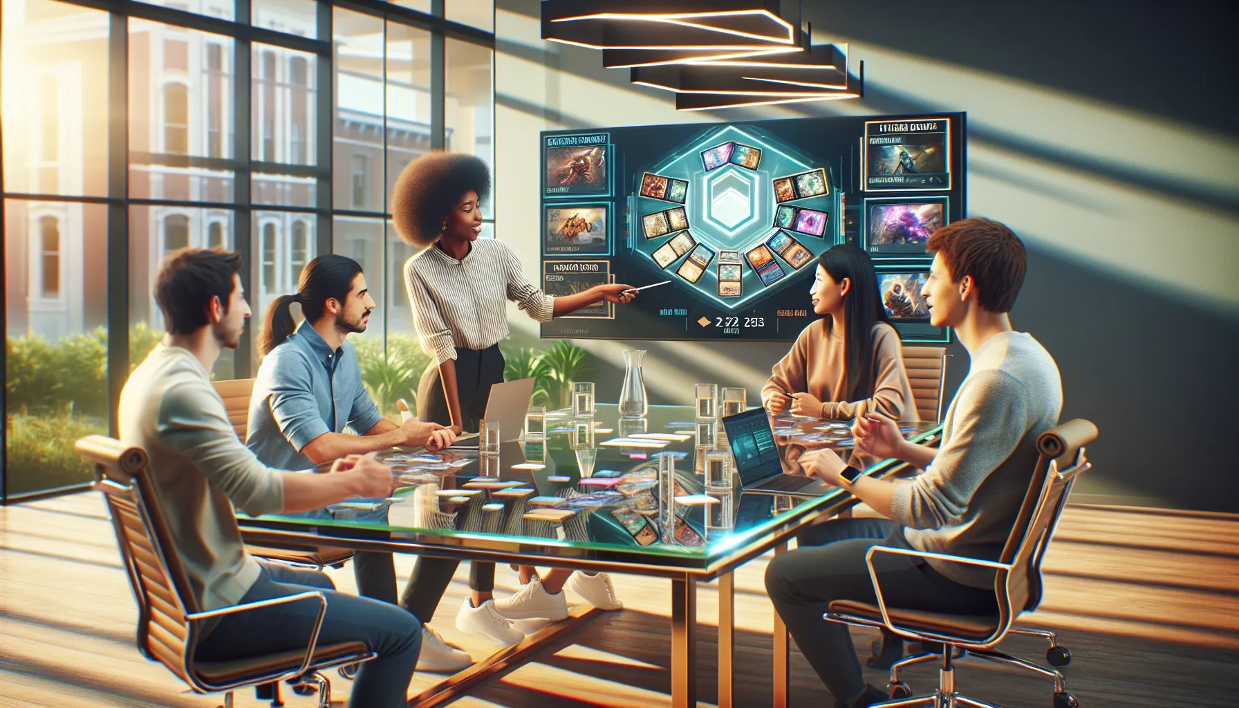 team of developers discussing Hearthstone updates in a modern office.