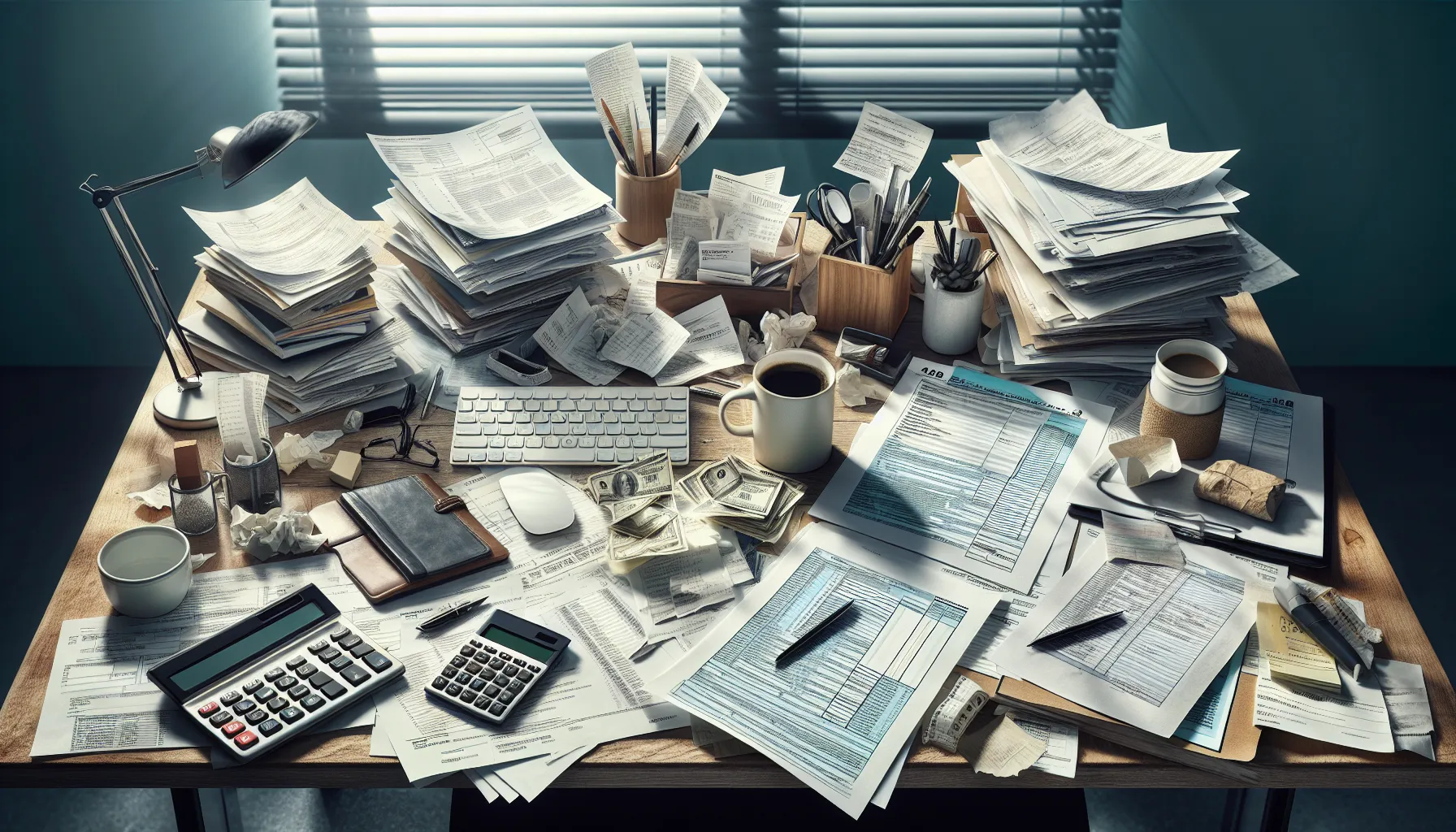 A professional desk with tax documents and receipts under natural lighting.