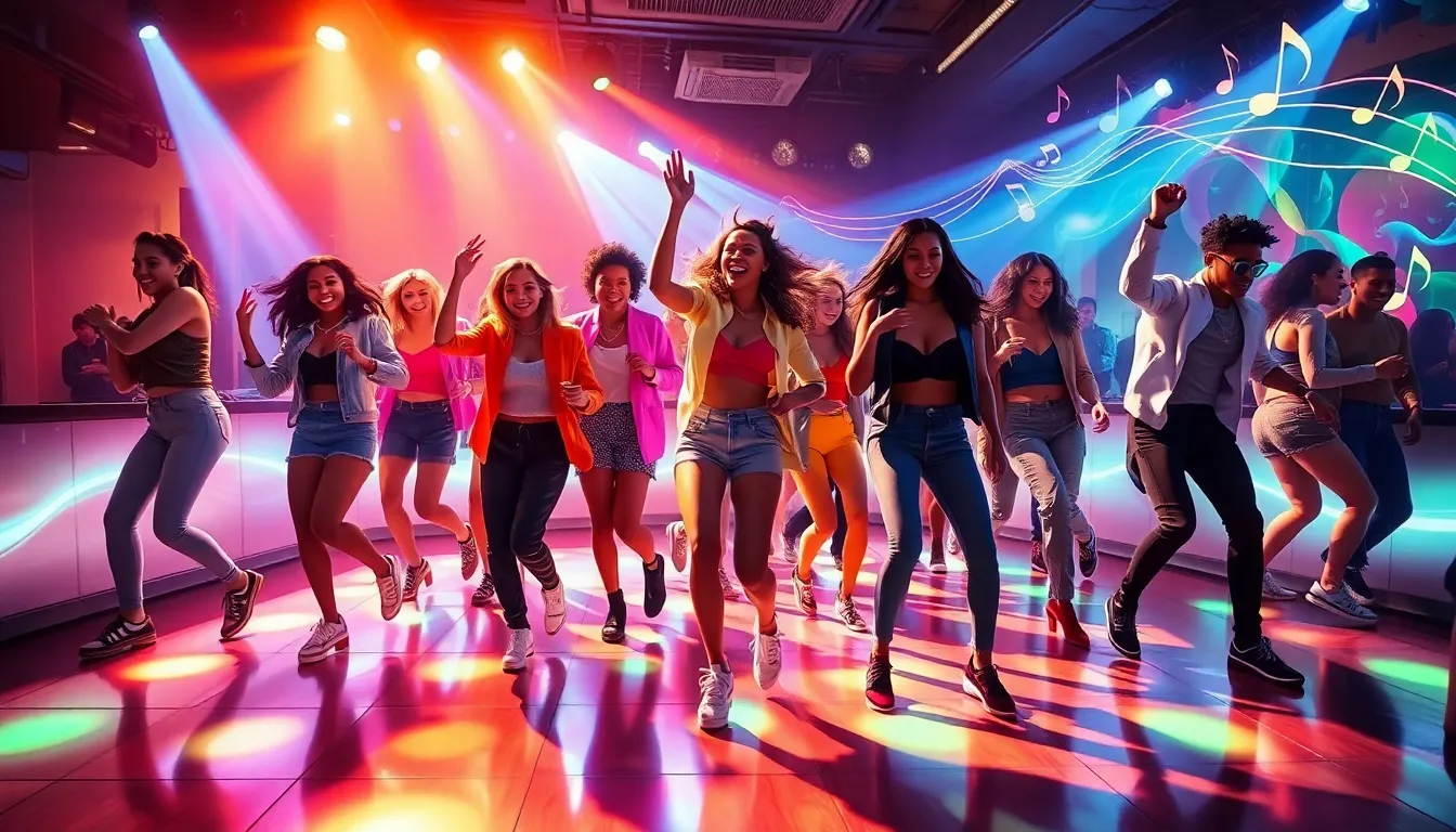 diverse group dancing in a vibrant club setting.