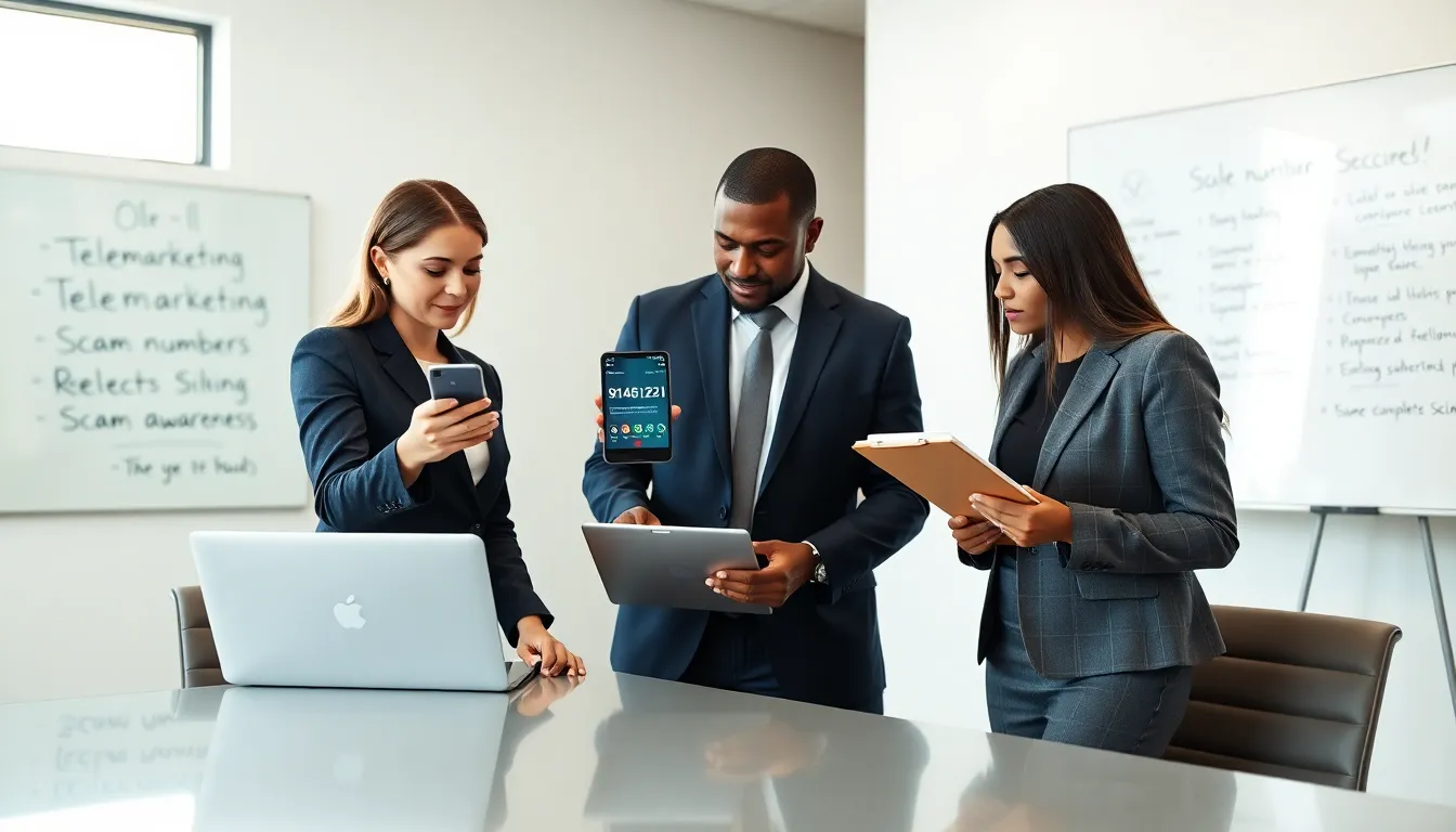 diverse team discussing a phone number in a modern office.