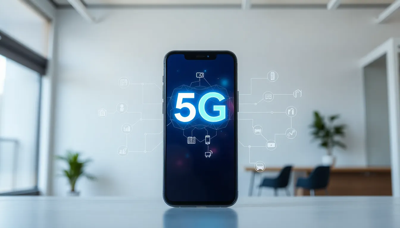 modern smartphone displaying 5G capabilities in a professional setting.