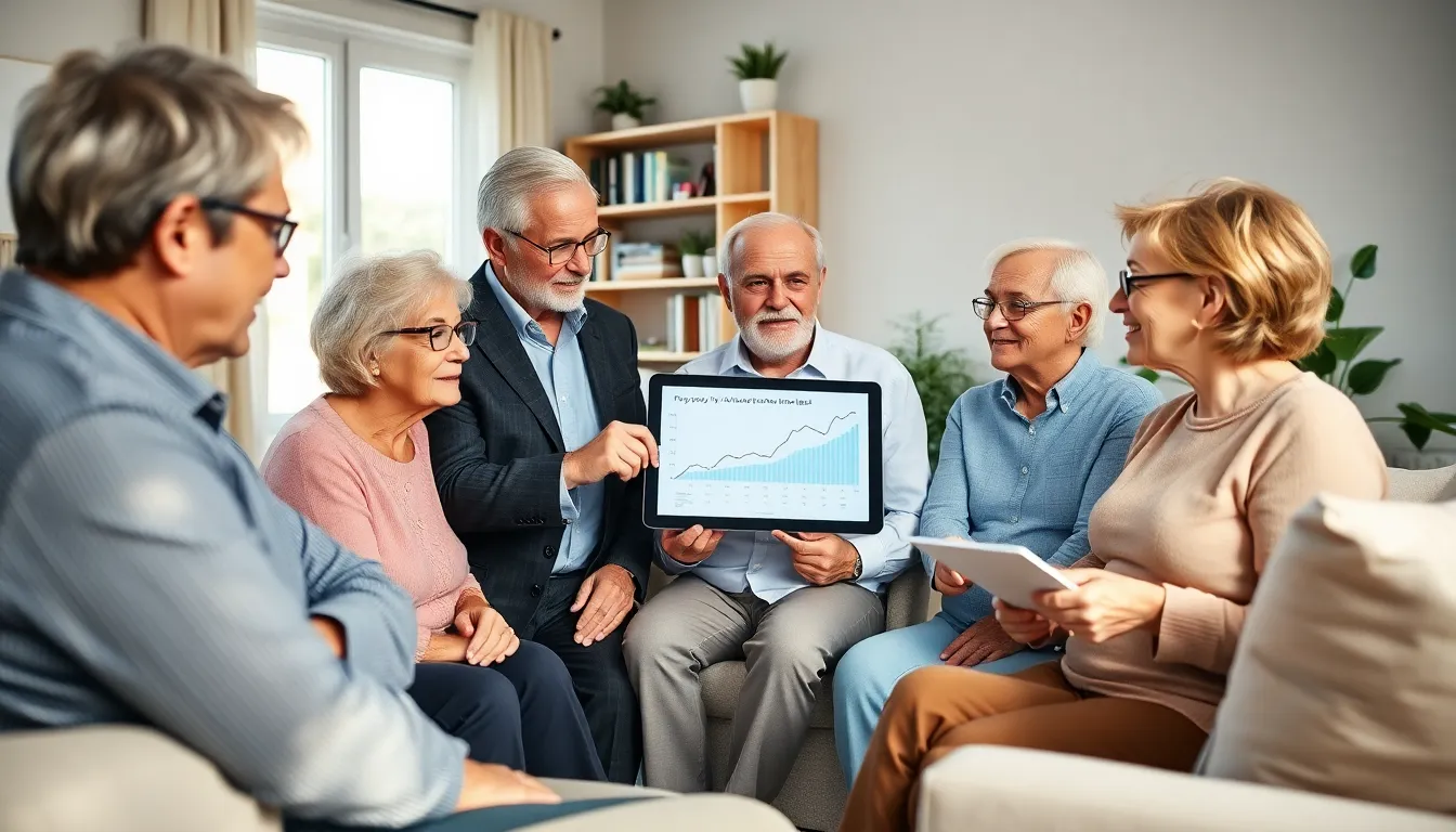 Seniors discussing property tax freezing programs in a cozy living room.
