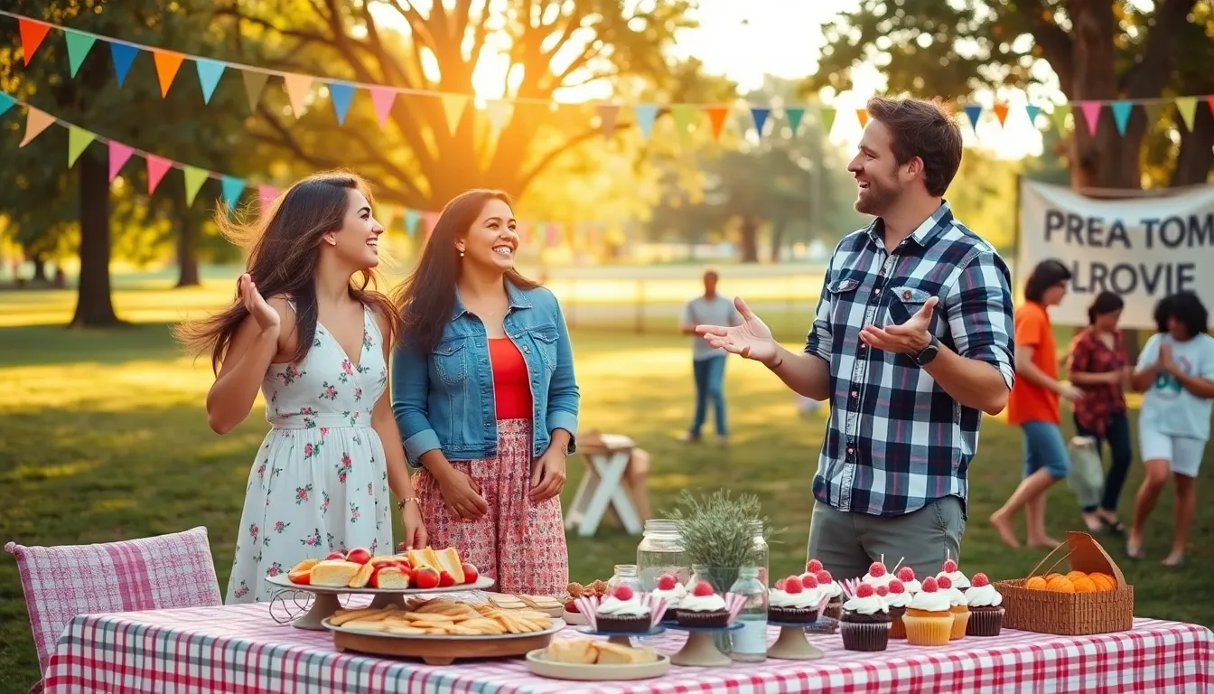 a joyful outdoor gathering with diverse people celebrating a thrifty event.