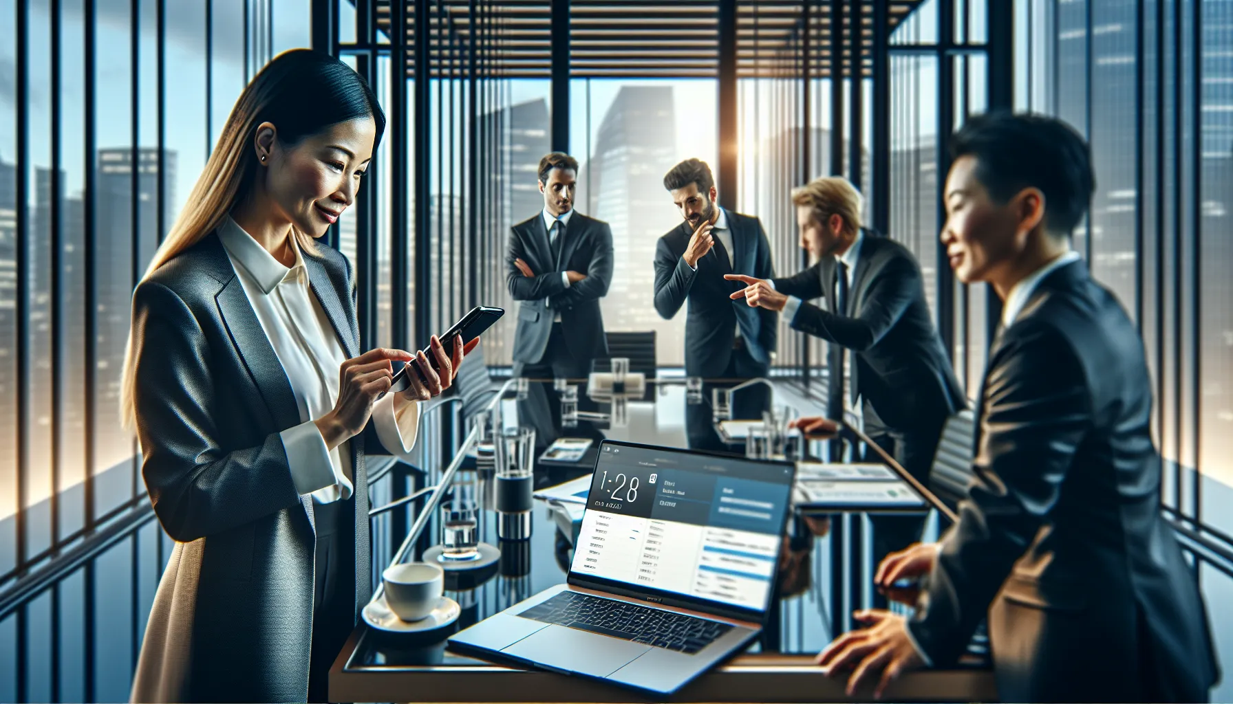professionals in a modern office discussing phone calls and contact management.
