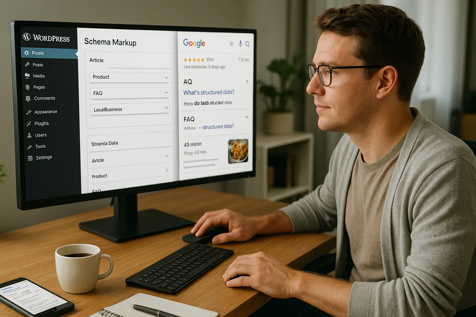 Person optimizing schema in WordPress while viewing rich results on Google search.