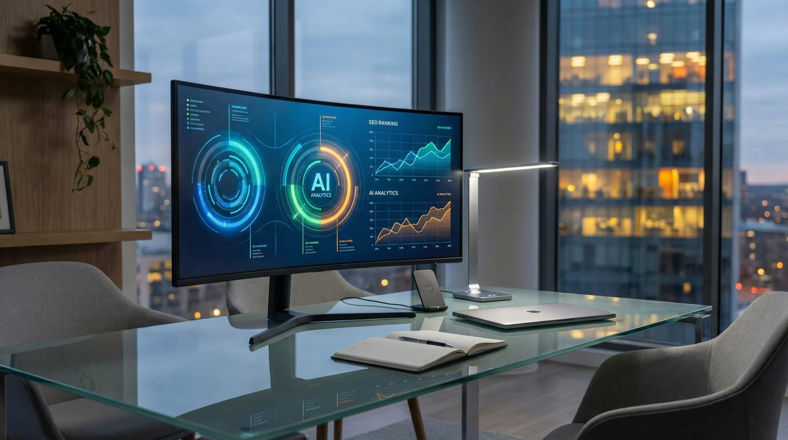 Modern office desk with computer showing abstract analytics graphs and line charts, overlooking a city skyline at dusk, suggesting AI-powered SEO work in a clean, professional setting.