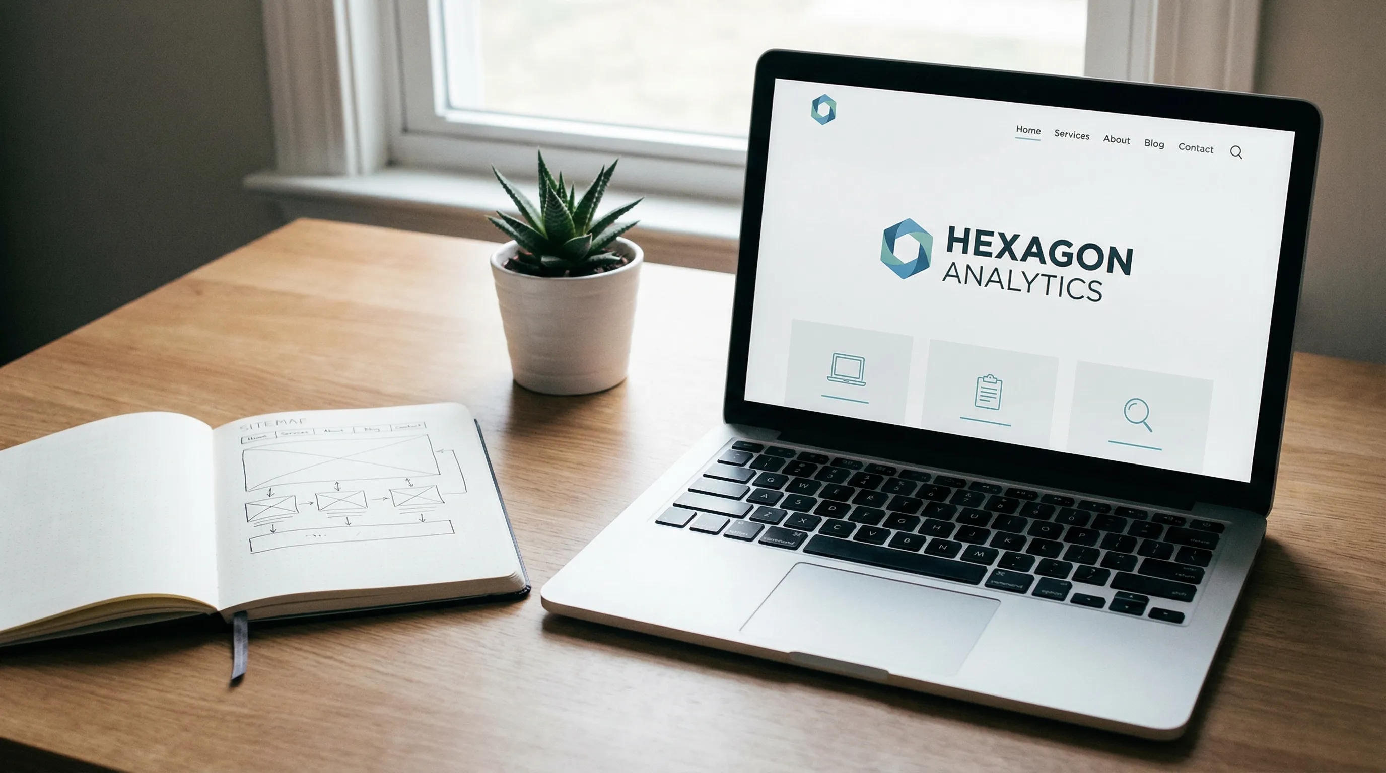 Laptop displaying a neatly structured business website with clear navigation beside a hand-drawn sitemap on a desk.