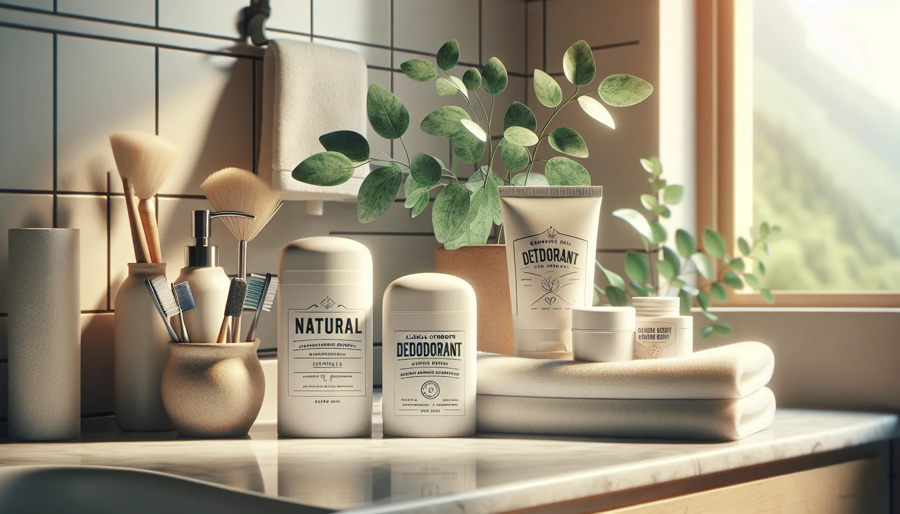 Deodorant and antiperspirant containers labeled 'natural' and 'clinical strength' on a bathroom counter.