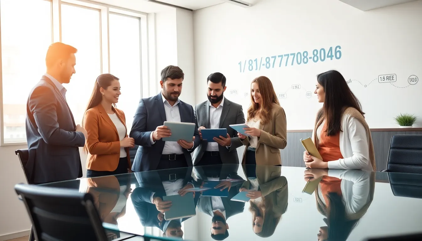 diverse professionals discussing customer service over a digital tablet in a modern office.