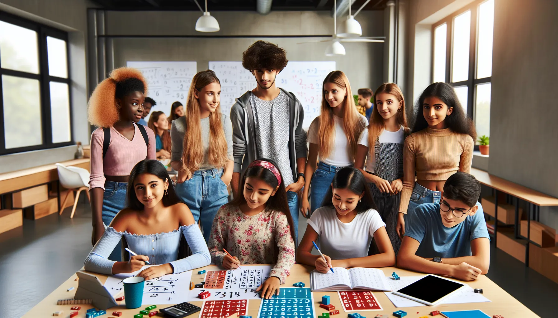 students practicing multiplication in a bright classroom setting.