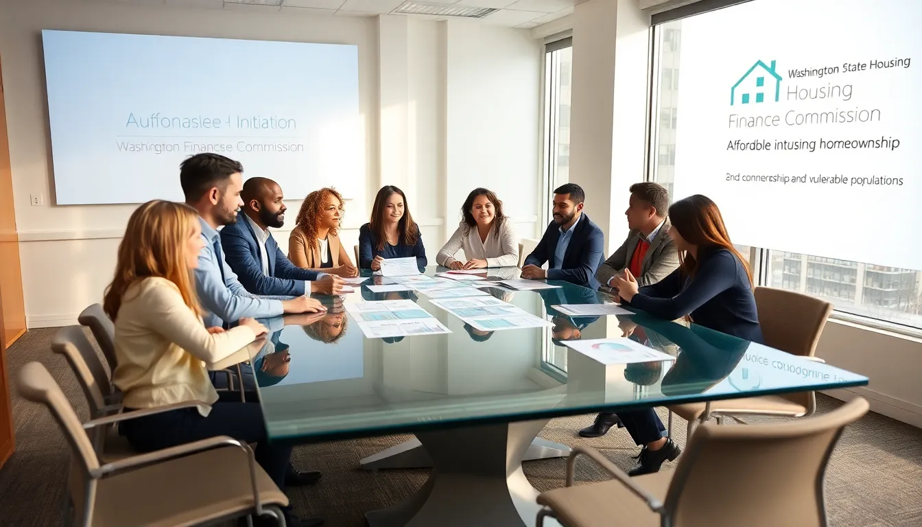 diverse group discussing affordable housing solutions in a modern office.