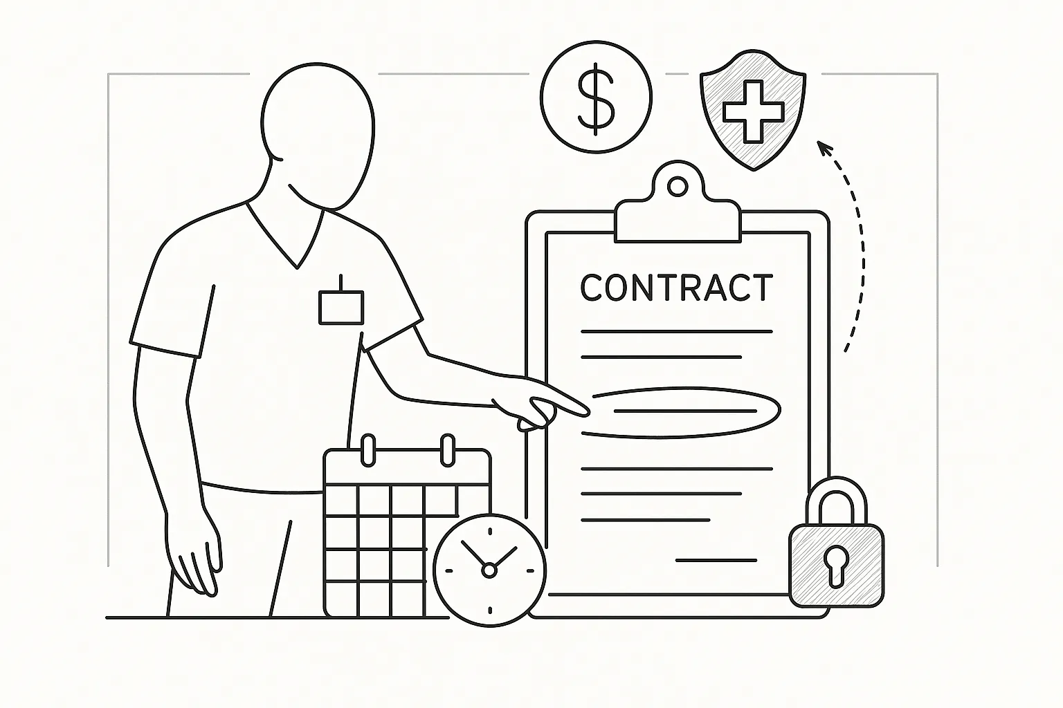 Physician assistant pointing at a contract and call schedule with icons for pay, liability, and restrictions of Physician Assistant Call Schedule And Coverage Requirements.