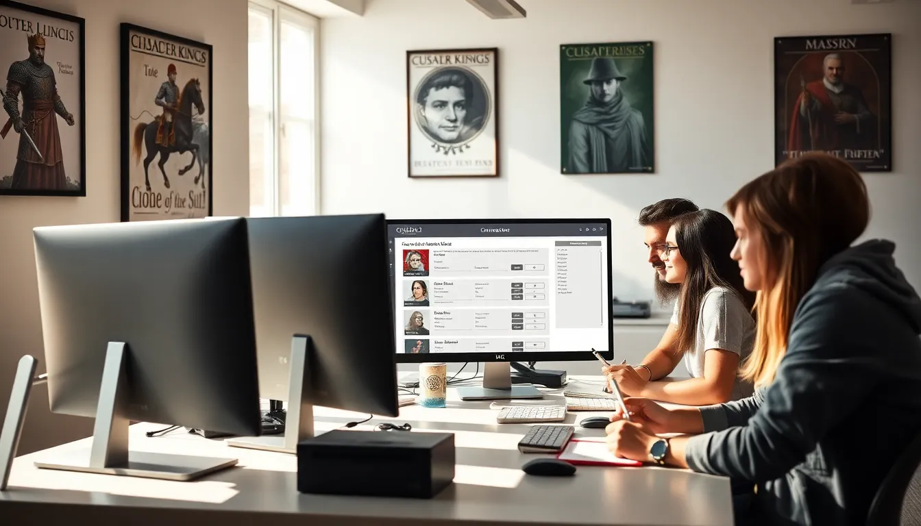 diverse gamers collaborating around a computer for character creation.