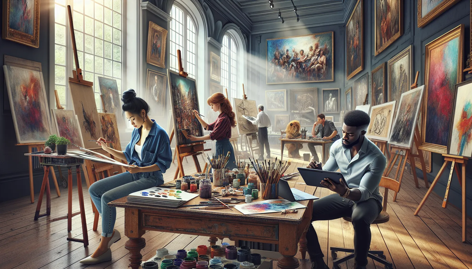 diverse artists working on convention art in a bright studio.