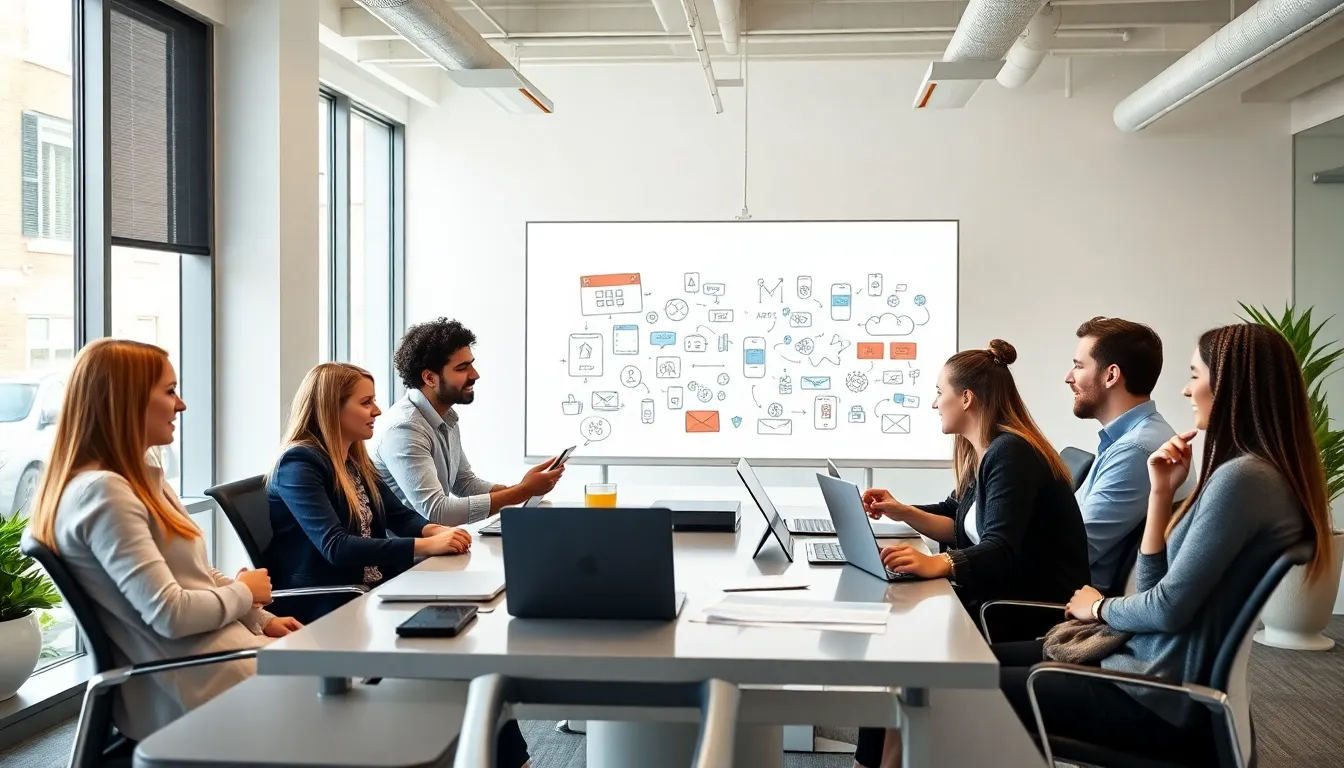 diverse team of mobile app developers collaborating in a modern office.