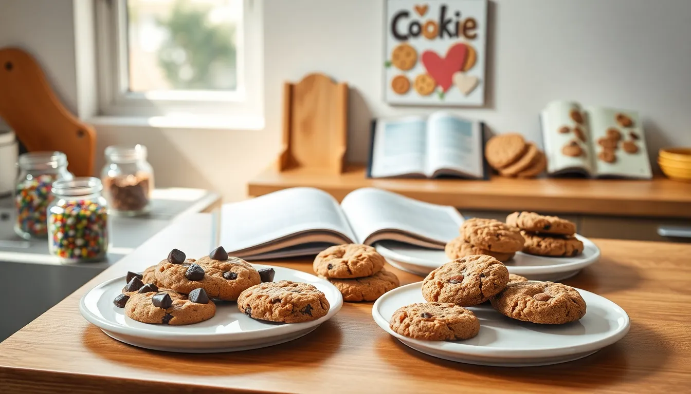 a variety of freshly baked cookies on a kitchen counter.