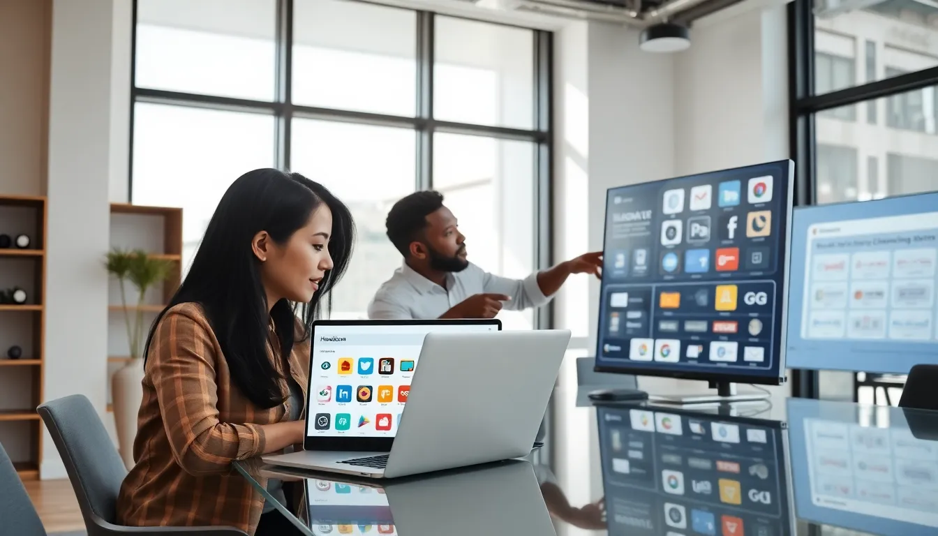 diverse designers collaborating in a modern office around customizable icons.