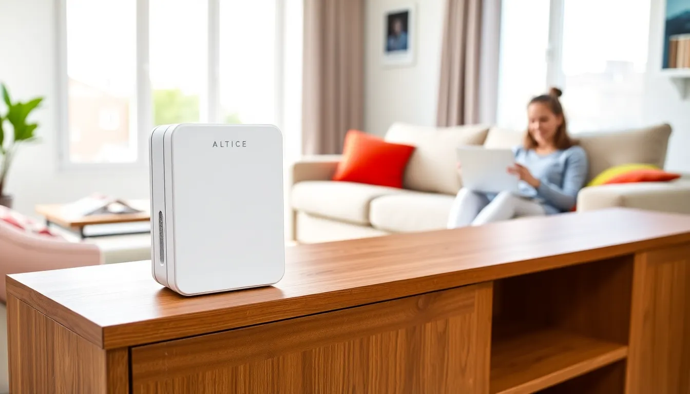 a stylish living room with an Altice WiFi extender in use.