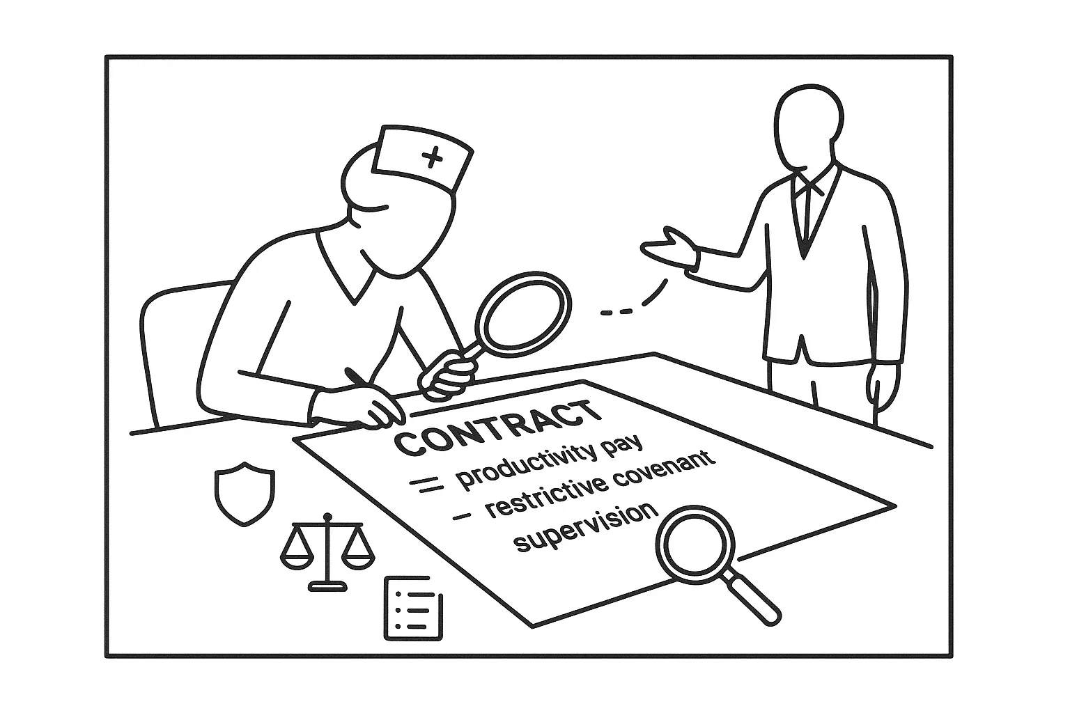 New nurse practitioner reviewing a contract with a lawyer and magnifying glass of New Graduate Nurse Practitioner Contract Review.