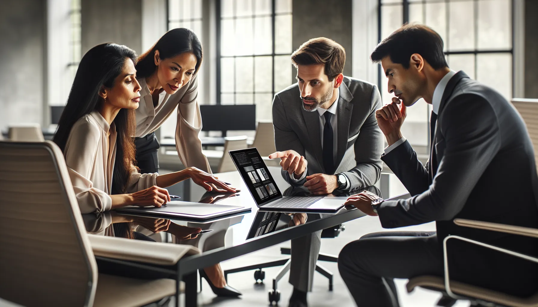 diverse team discussing laptop features in a modern office.