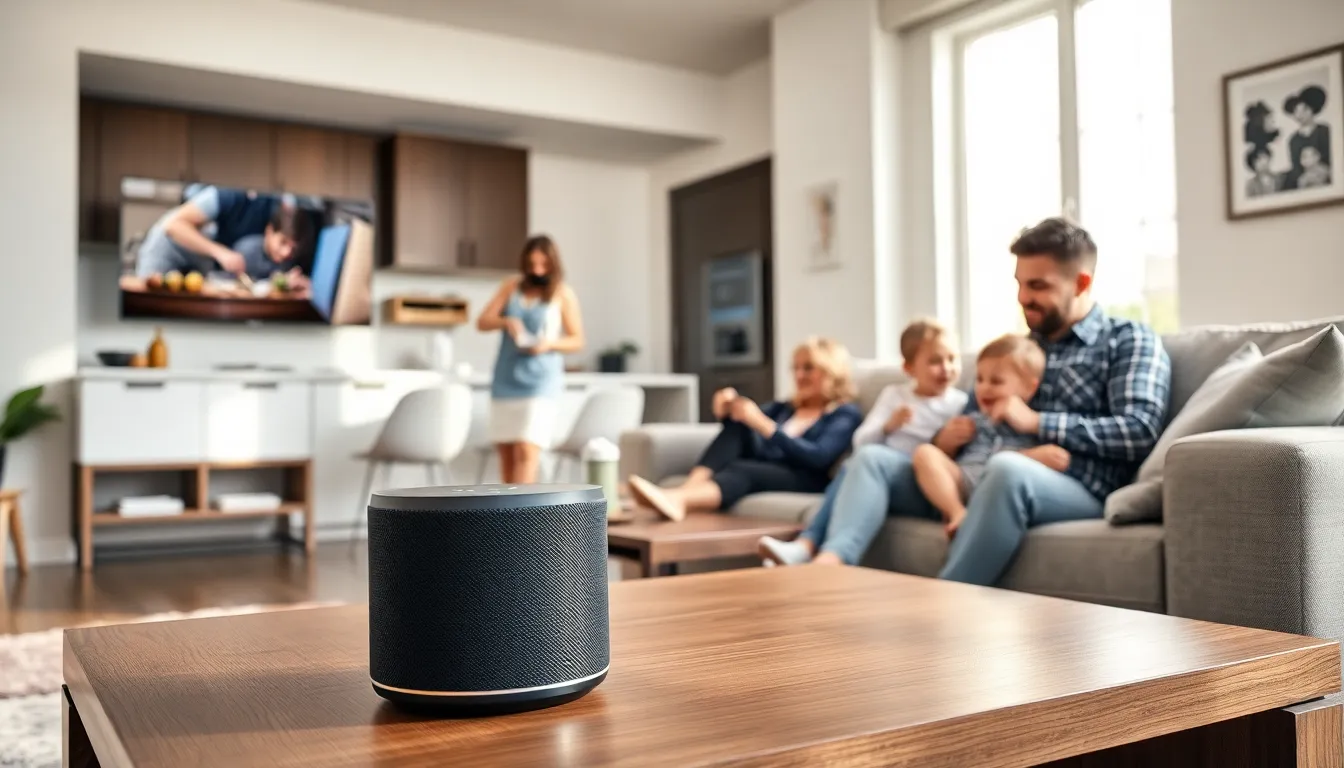 family interacting with smart home devices in a modern living room.