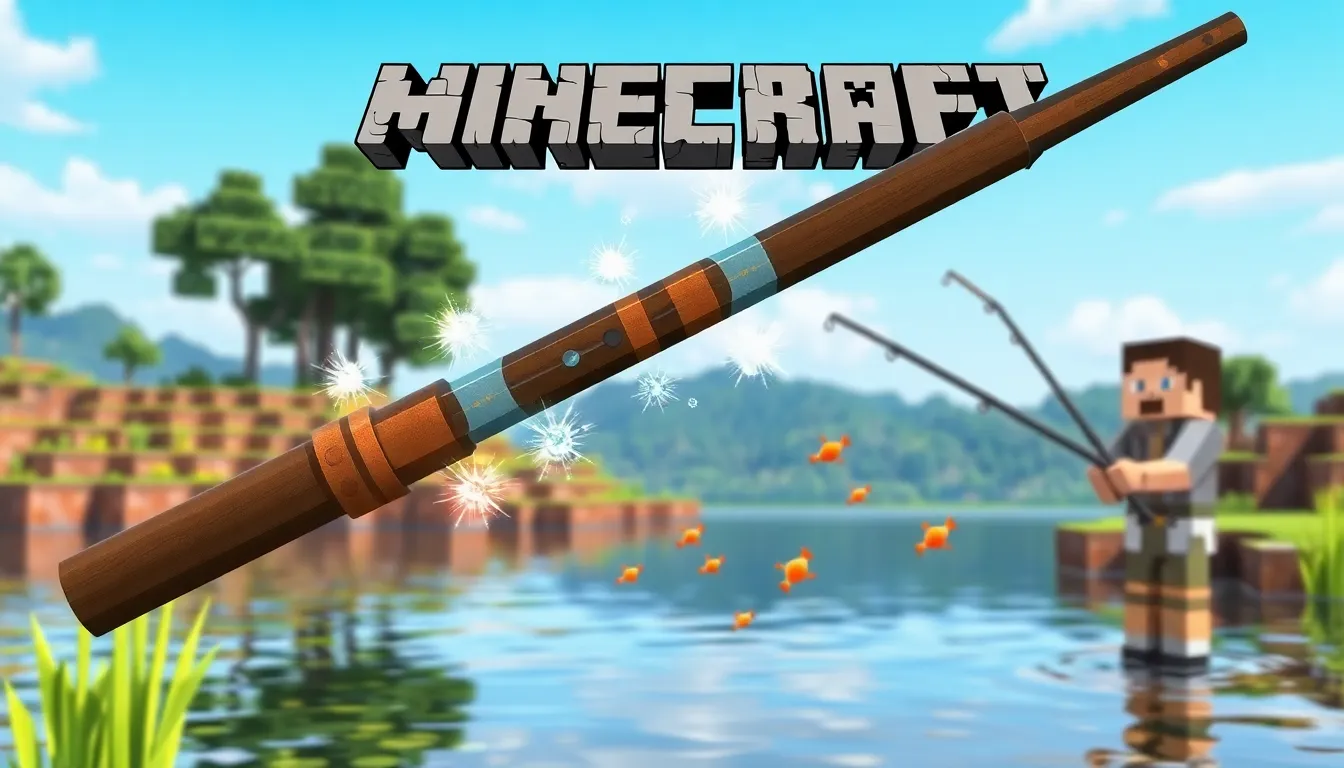 Minecraft fishing rod with enchantments above a serene lake.