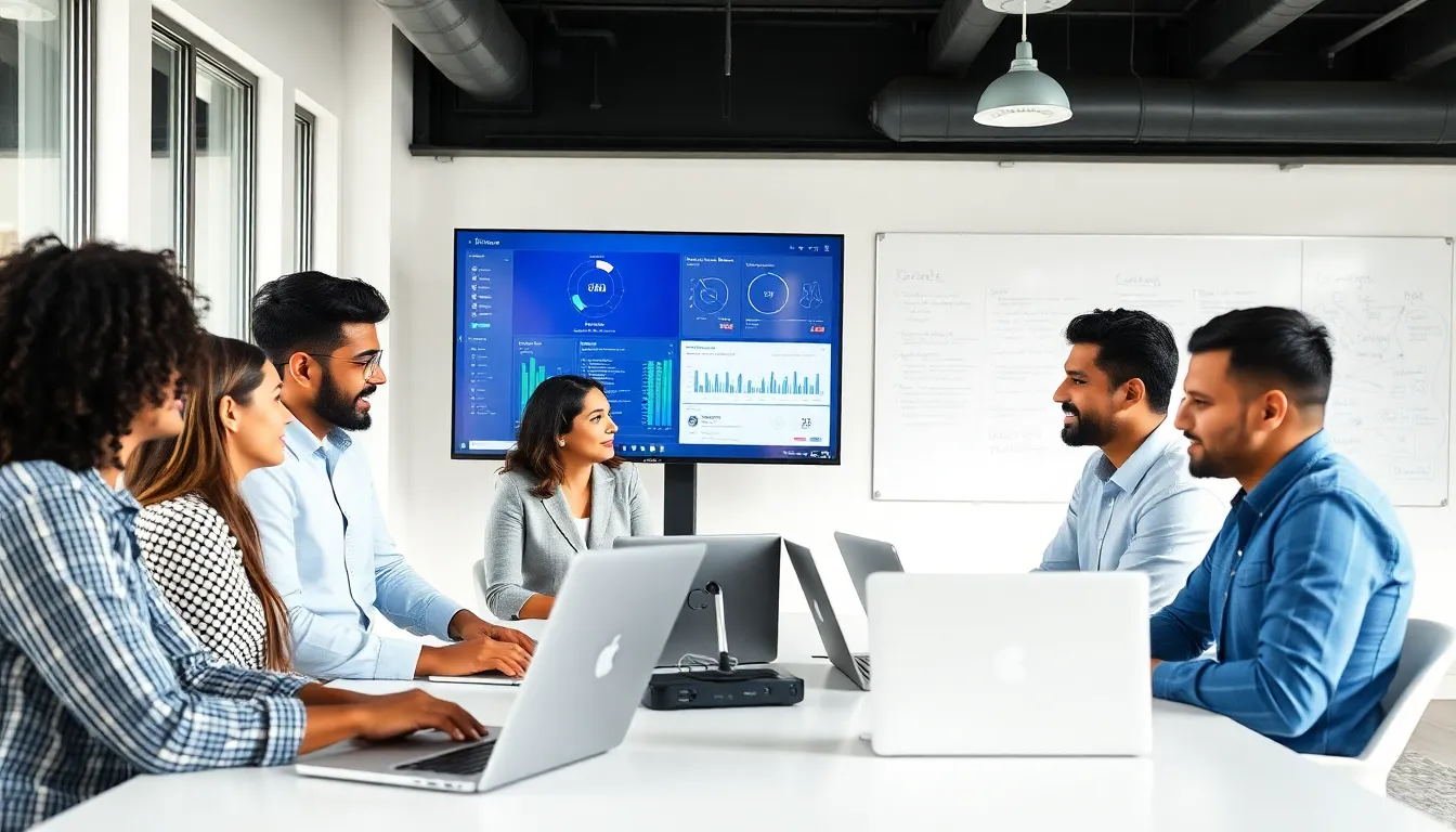 Diverse DevOps team collaborating in a modern office setting.