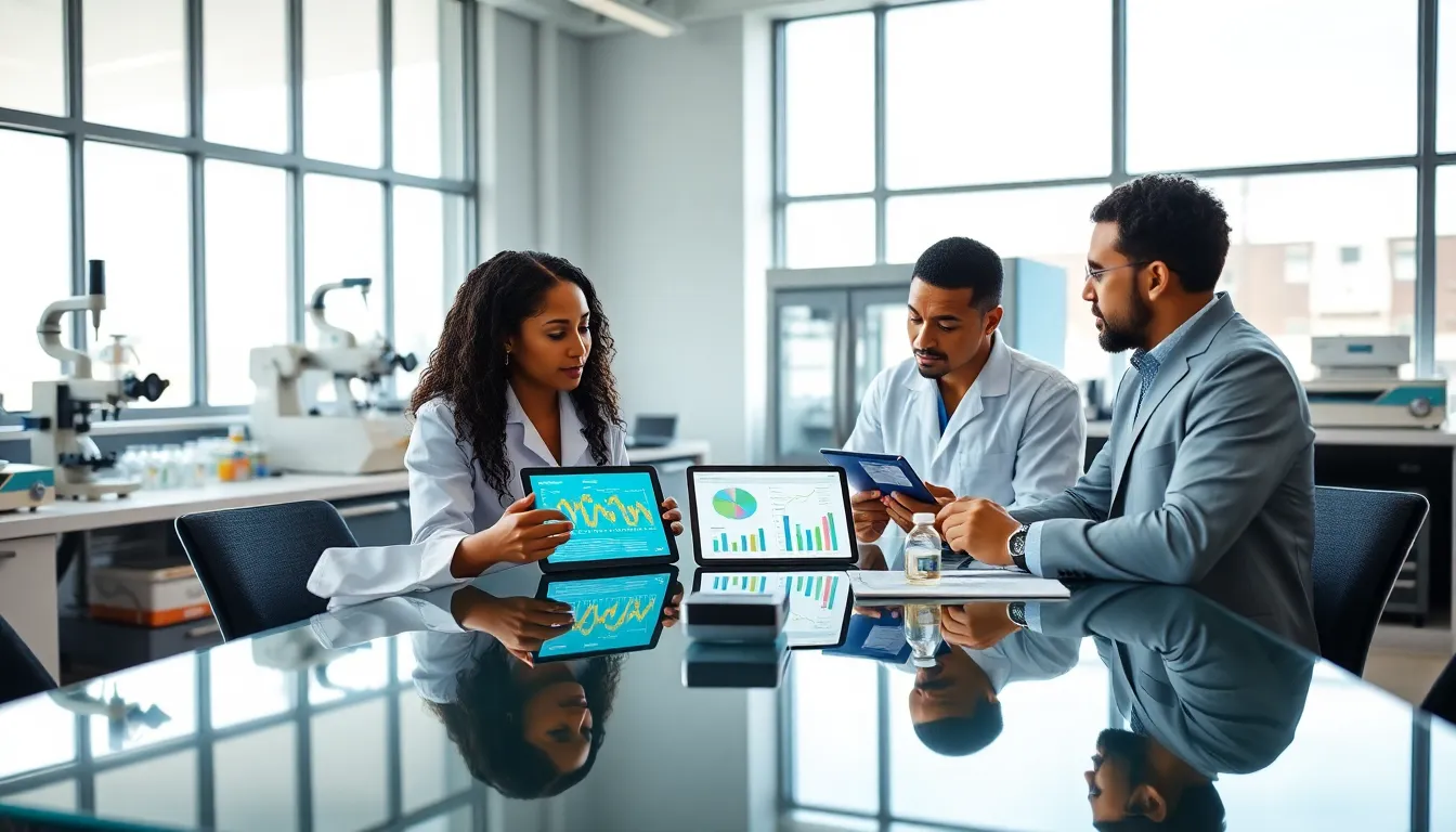 diverse team collaborating on biopharmaceutical research in a modern lab.