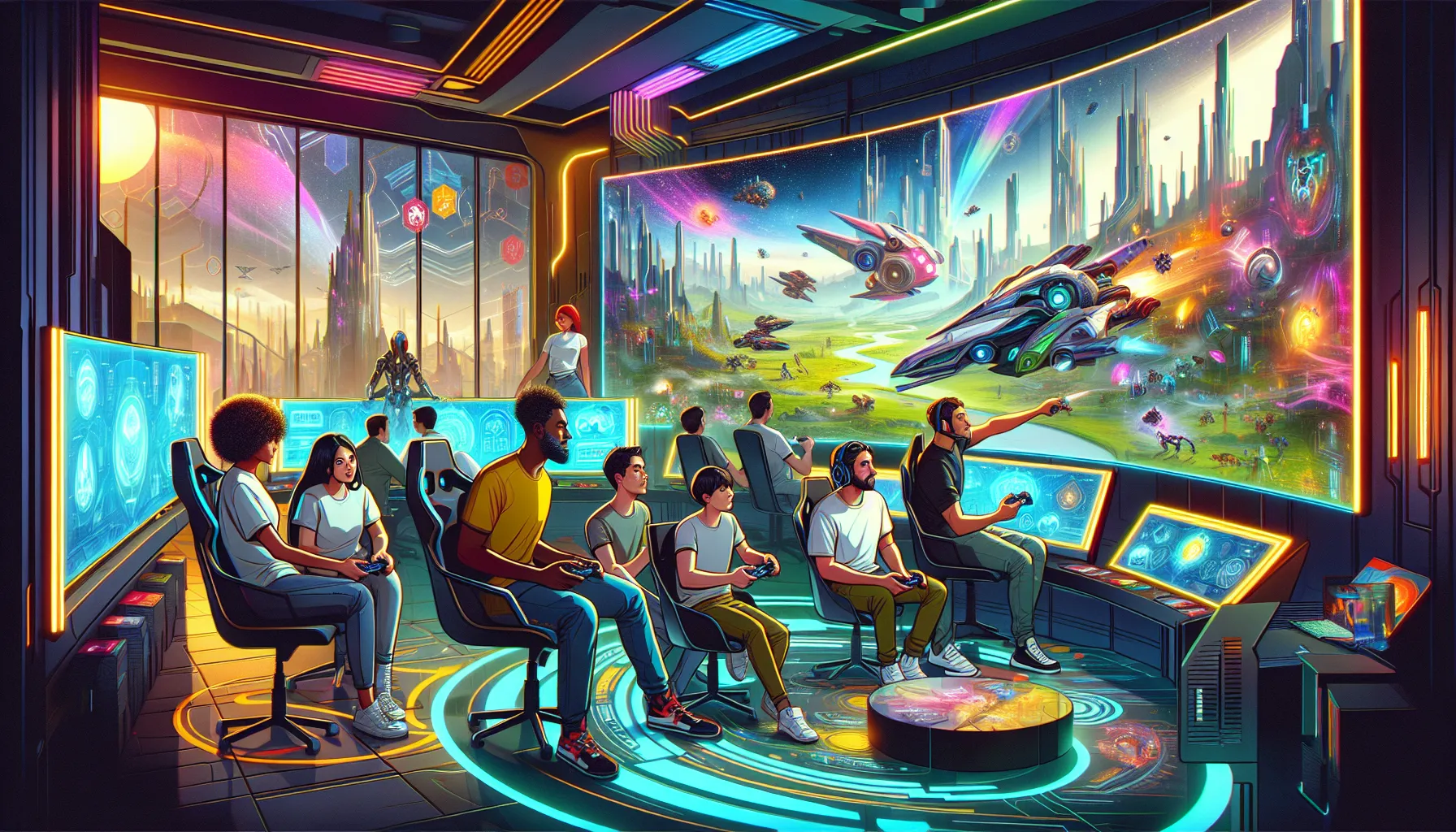 diverse gamers collaborating in a vibrant gaming room.