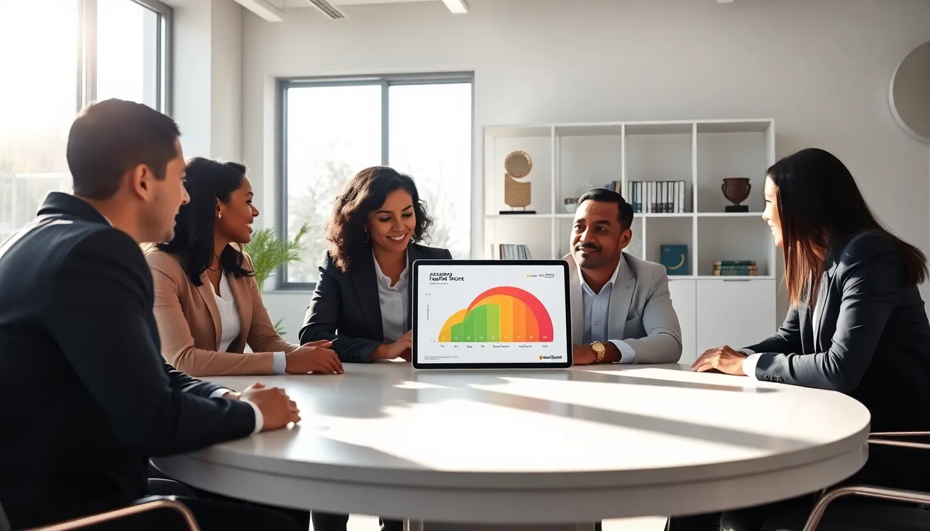 diverse team discussing credit scores in a modern office.