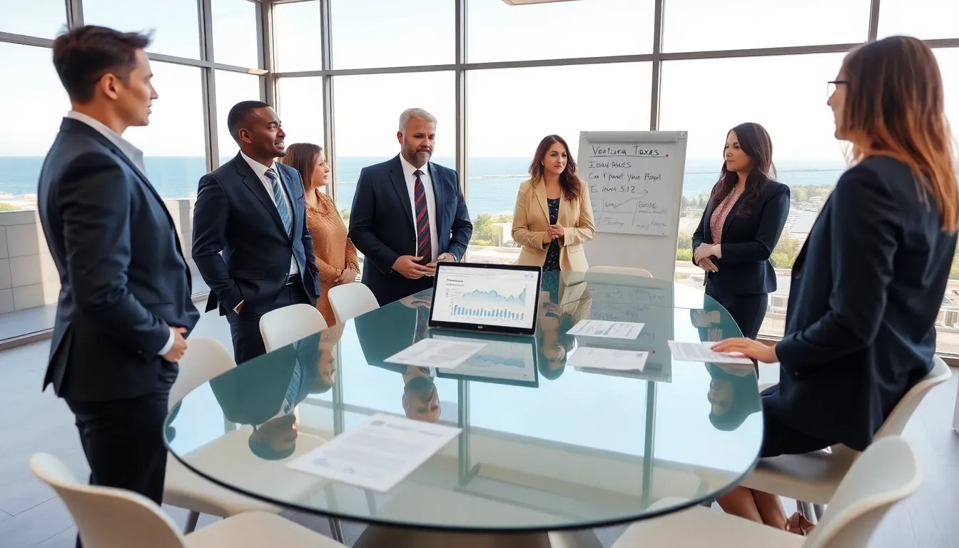 diverse professionals discussing Ventura County property taxes in an office setting.
