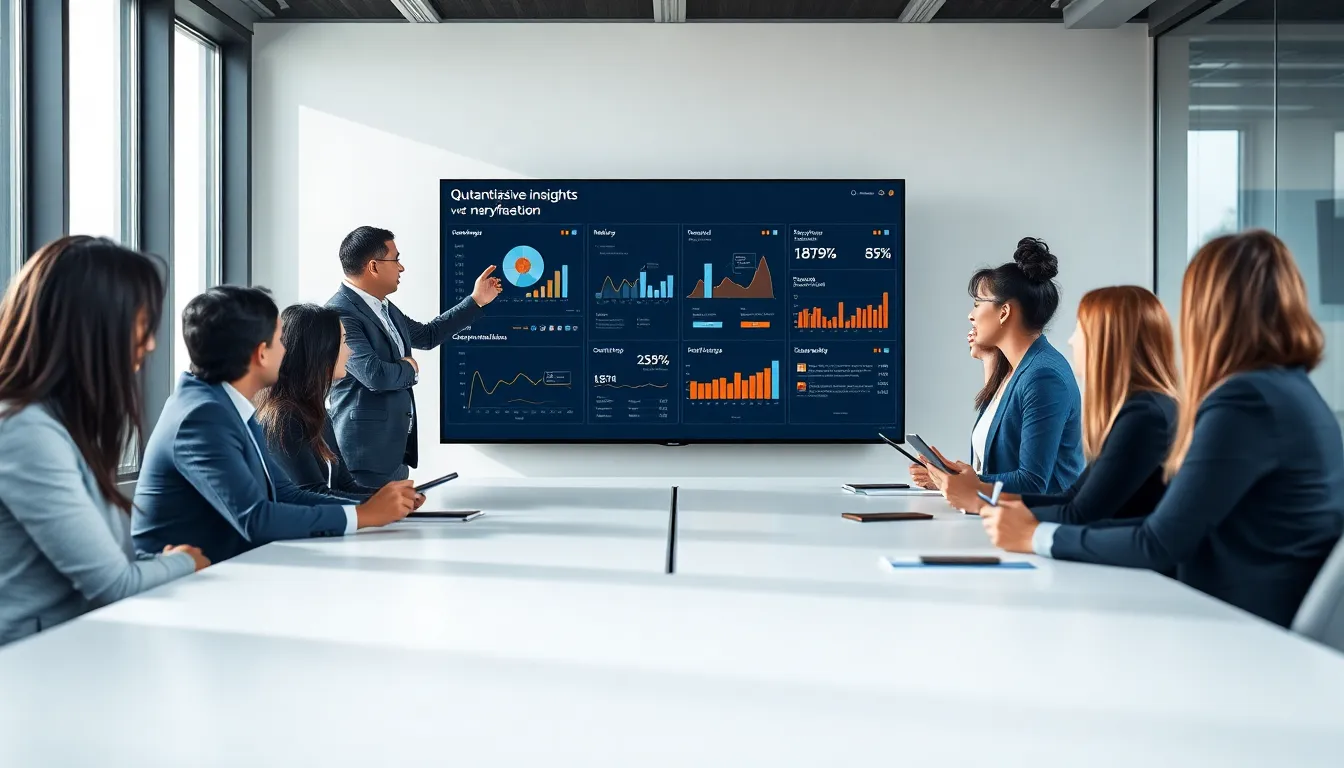 diverse professionals discussing qualitative insights in a modern office.