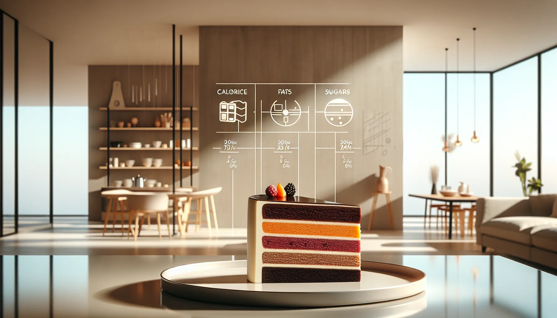 A single slice of cake with nutrition icons on a modern table.