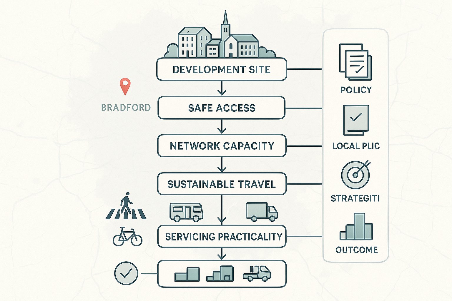 Infographic showing how transport planning supports Bradford development decisions and reduces risk.