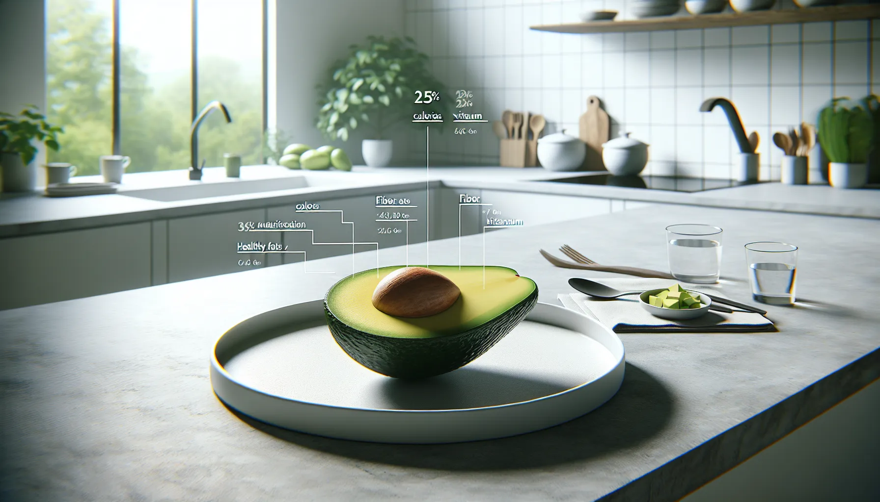 Sliced avocado on a white plate with nutritional info callouts.