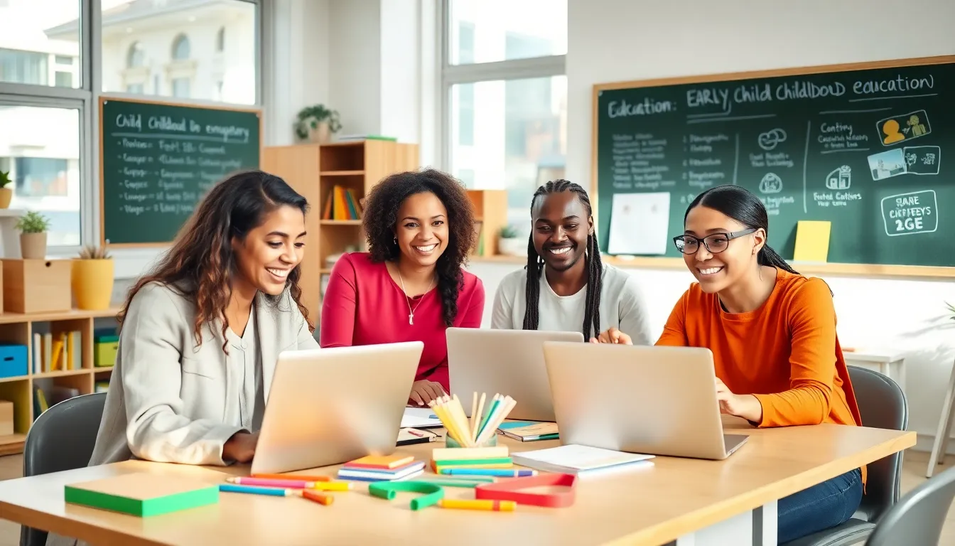 diverse educators collaborating in a modern classroom setting.