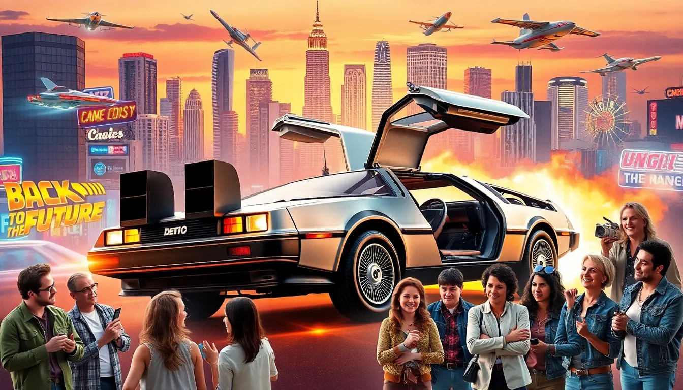 Fans gather around a DeLorean in a vibrant, nostalgic setting.