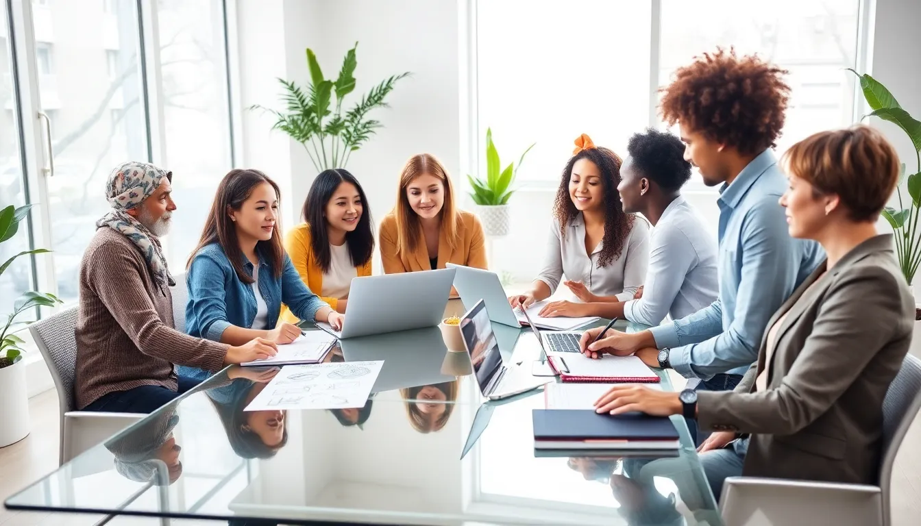 diverse team collaborating on lifestyle ideas in a modern office.