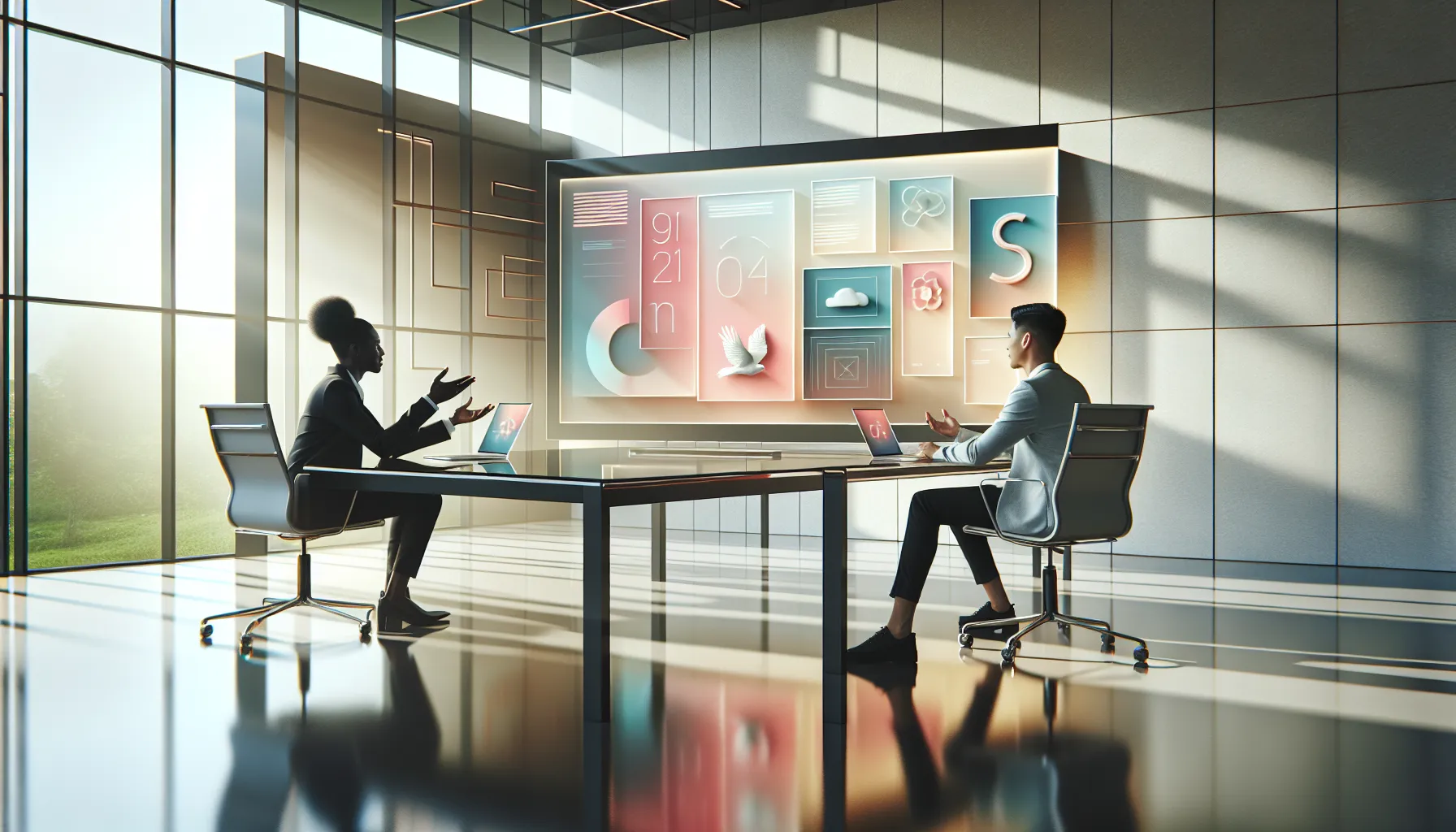 professionals collaborating on a Windows 11 presentation with PNG images.