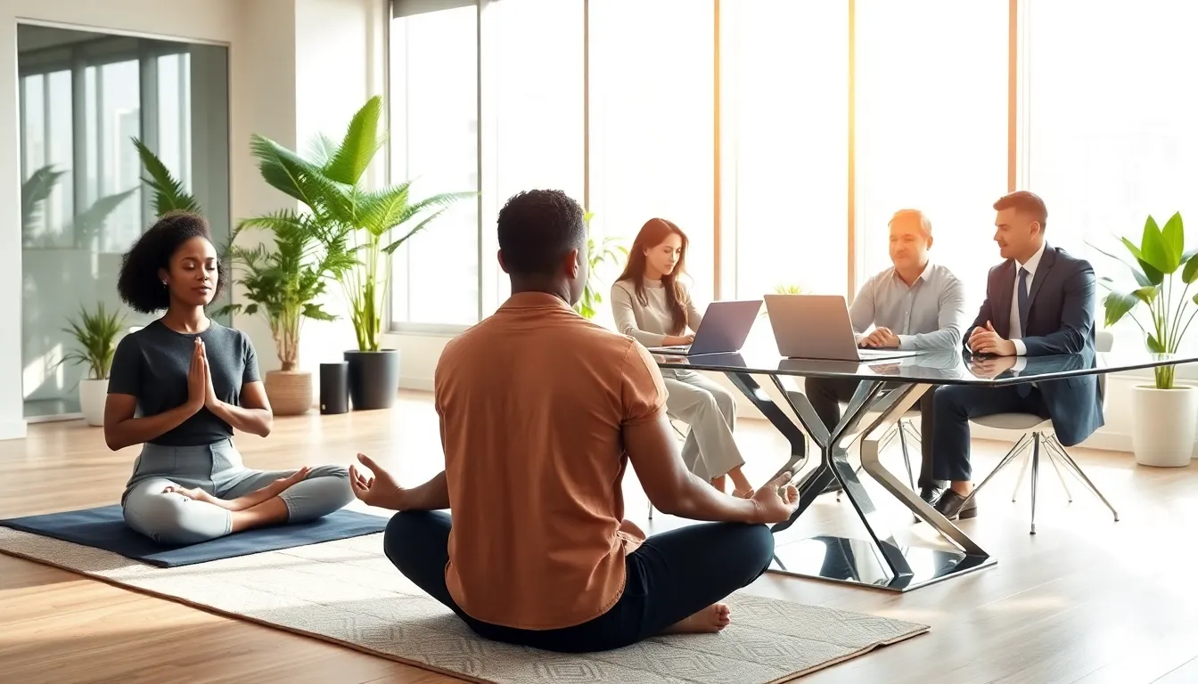 diverse professionals practicing mindfulness in a modern office.