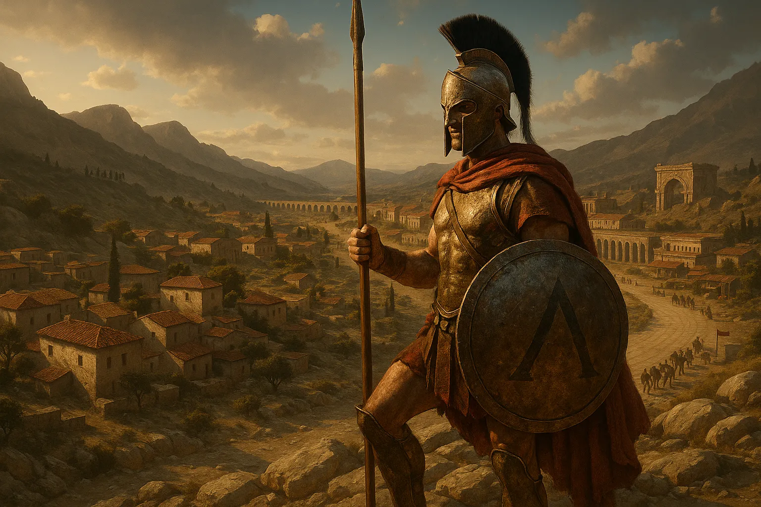A Spartan hoplite on a ridge overlooking a sprawling imperial road and buildings.