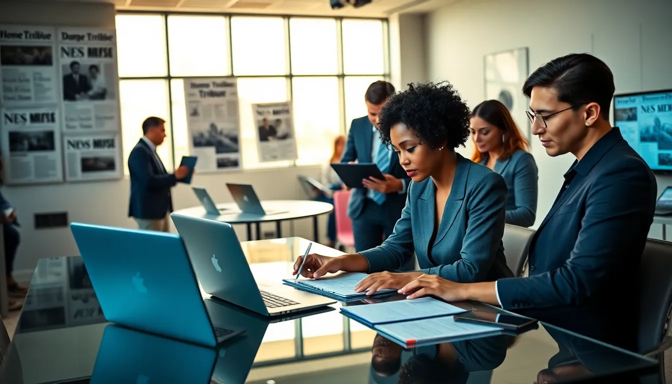 diverse journalists collaborating in a modern newsroom setting.
