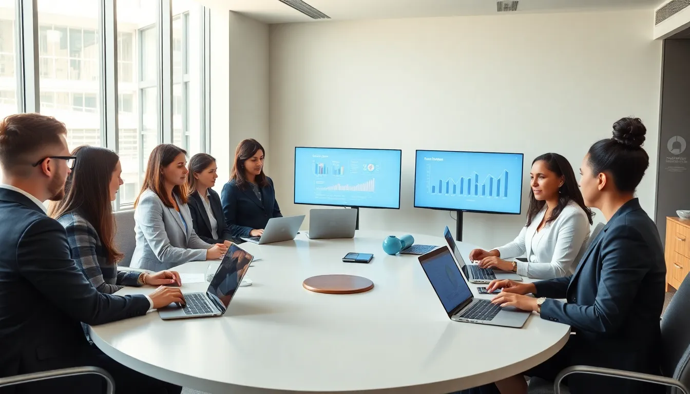 diverse team discussing communication strategies in a modern office.