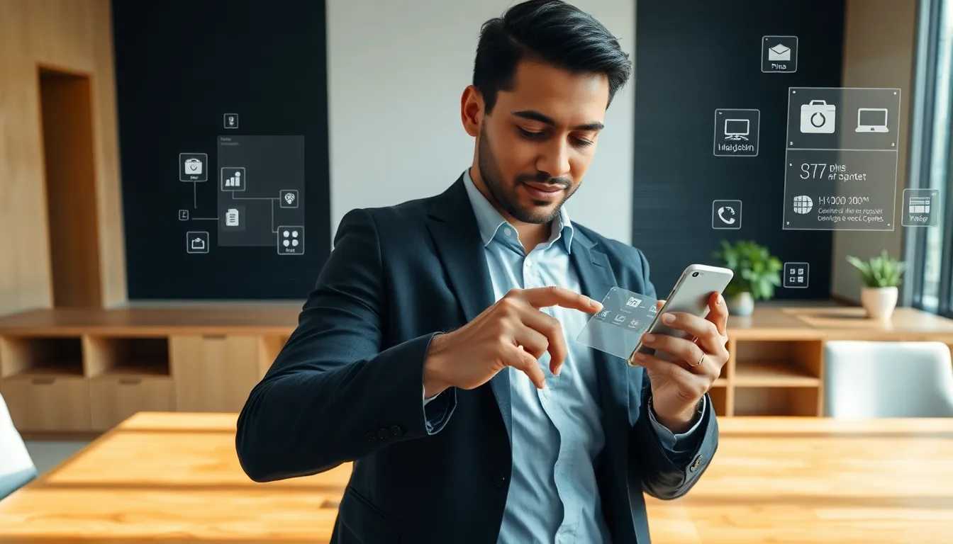 person exploring hidden apps on a smartphone in a modern office.